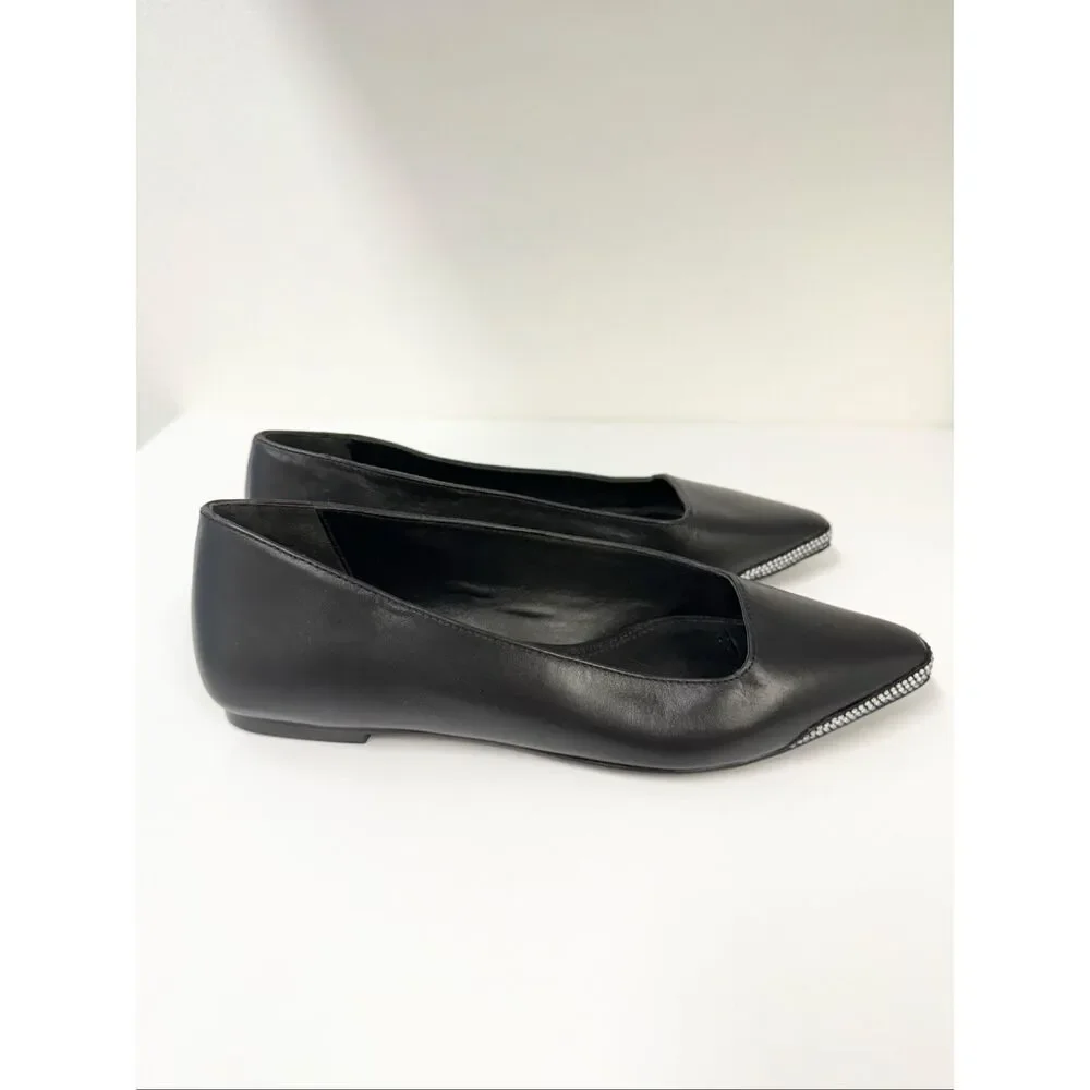 Black Suede Studio Womens Black Leather Aria Embellished Toe Cap Flats Size 5.5
